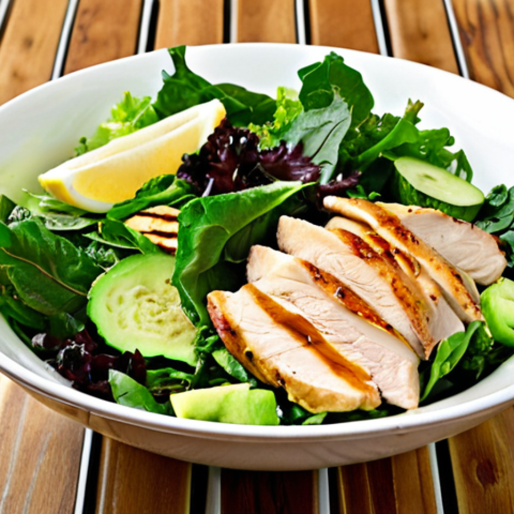 **Weight Loss Salad**: "A vibrant bowl of mixed greens, including romaine lettuce and kale, topped with grilled chicken breast and cucumber slices. Drizzle with olive oil and lemon juice. The salad is fresh, colorful, and looks nutritious, set against a light wooden background."