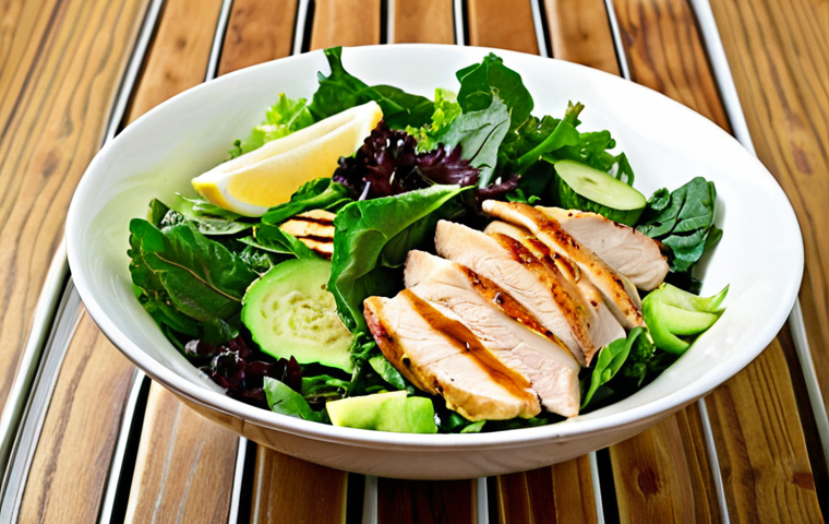 **Weight Loss Salad**: "A vibrant bowl of mixed greens, including romaine lettuce and kale, topped with grilled chicken breast and cucumber slices. Drizzle with olive oil and lemon juice. The salad is fresh, colorful, and looks nutritious, set against a light wooden background."